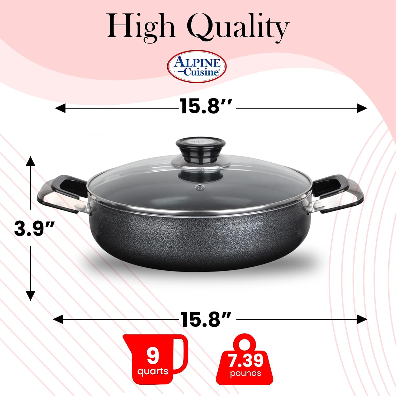 Alpine Cuisine 4 Quart Non-stick Stock Pot with Tempered Glass Lid and Carrying Handles, Multi-Purpose Cookware Aluminum Dutch Oven for Braising, Boiling, Stewing