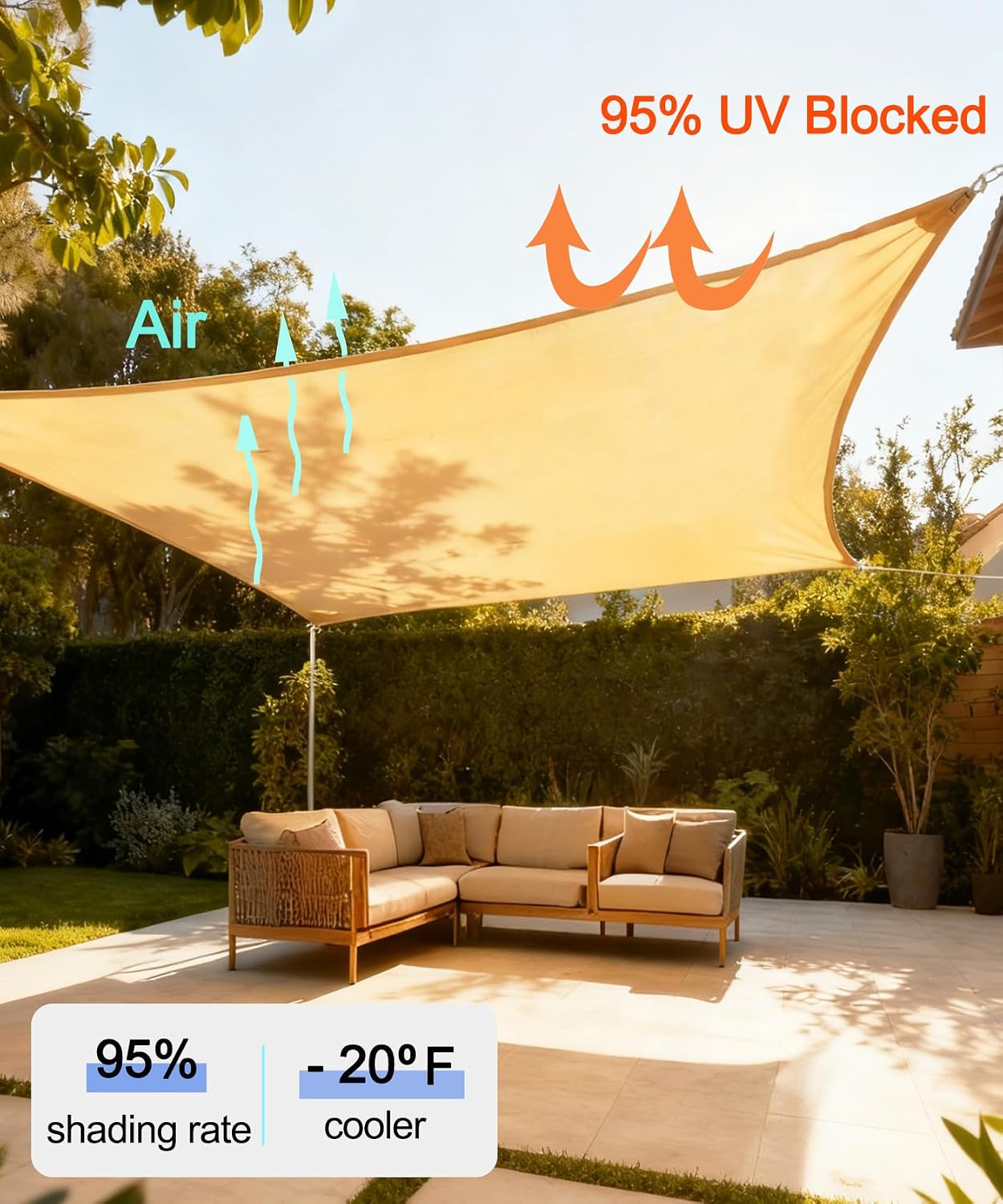 20'x20' Sun Shade Sail, Square Desert Sand Outdoor Canopy, Awning Shelter | Fabric Cloth Screen with UV Protection Sun Shades for Patio, Garden