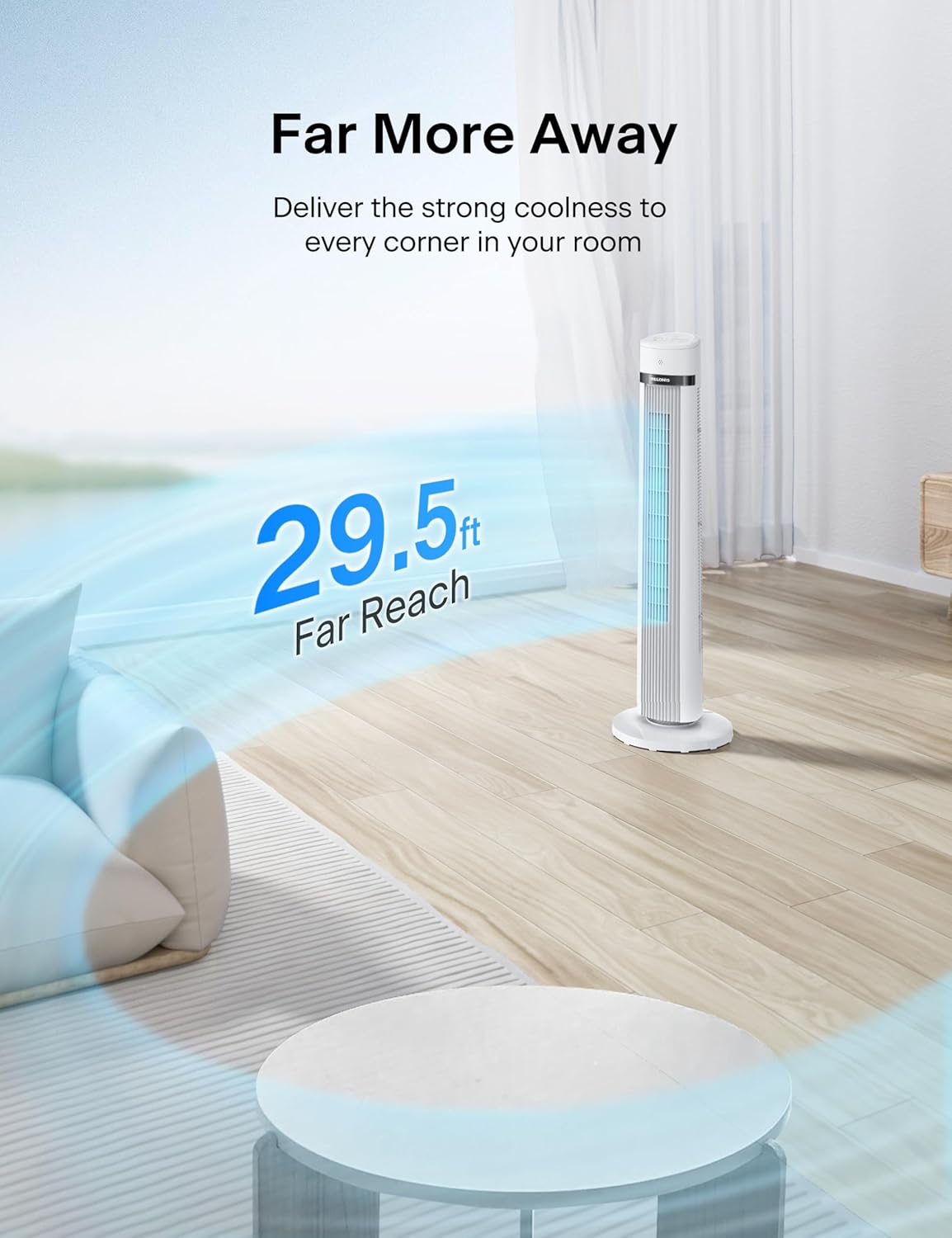 PELONIS 40-inch Bladeless Tower Fan for Bedroom, Standing Fan with Remote Control, 26ft/s, 90° Oscillation, 3 Speed Settings, 27 dB, 3 Modes