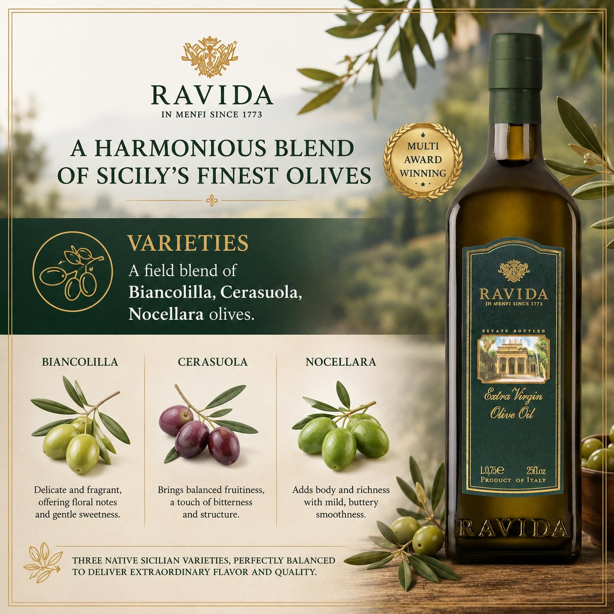 Ravida Extra Virgin Olive Oil, 25 Fl Oz– Multi Award-Winning Sicilian EVOO, Cold Extracted, Medium Fruity, Premium First Cold Pressed Olive Oil
