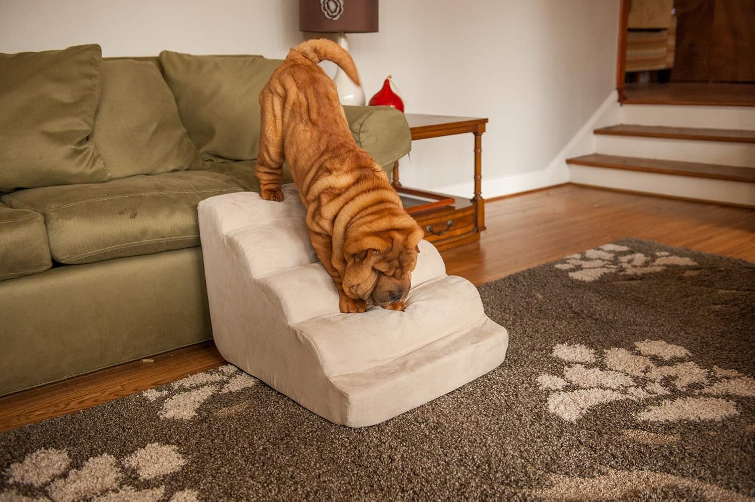 Snoozer Scalloped Dog Ramp, 14” Tall Foam Pet Stairs, 3 Steps, Red | Lightweight & portable foam dog stairs, Removable washable cover, Great for small, old, or injured pets up to 100lbs