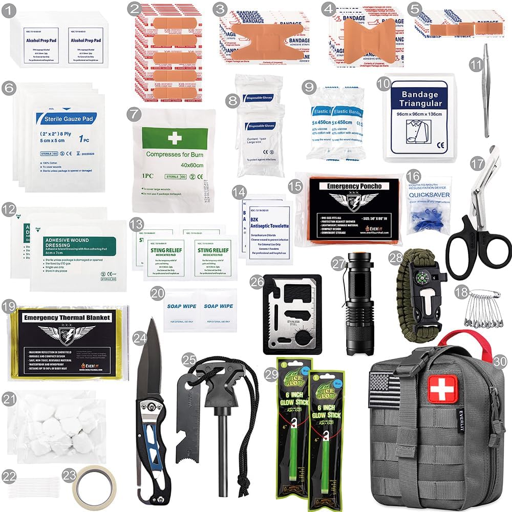 EVERLIT 250 Pcs Survival First Aid Kit | IFAK Outdoor Survival Kit Emergency Kit For Camping Hiking Hunting Earthquake Emergency Preparedness