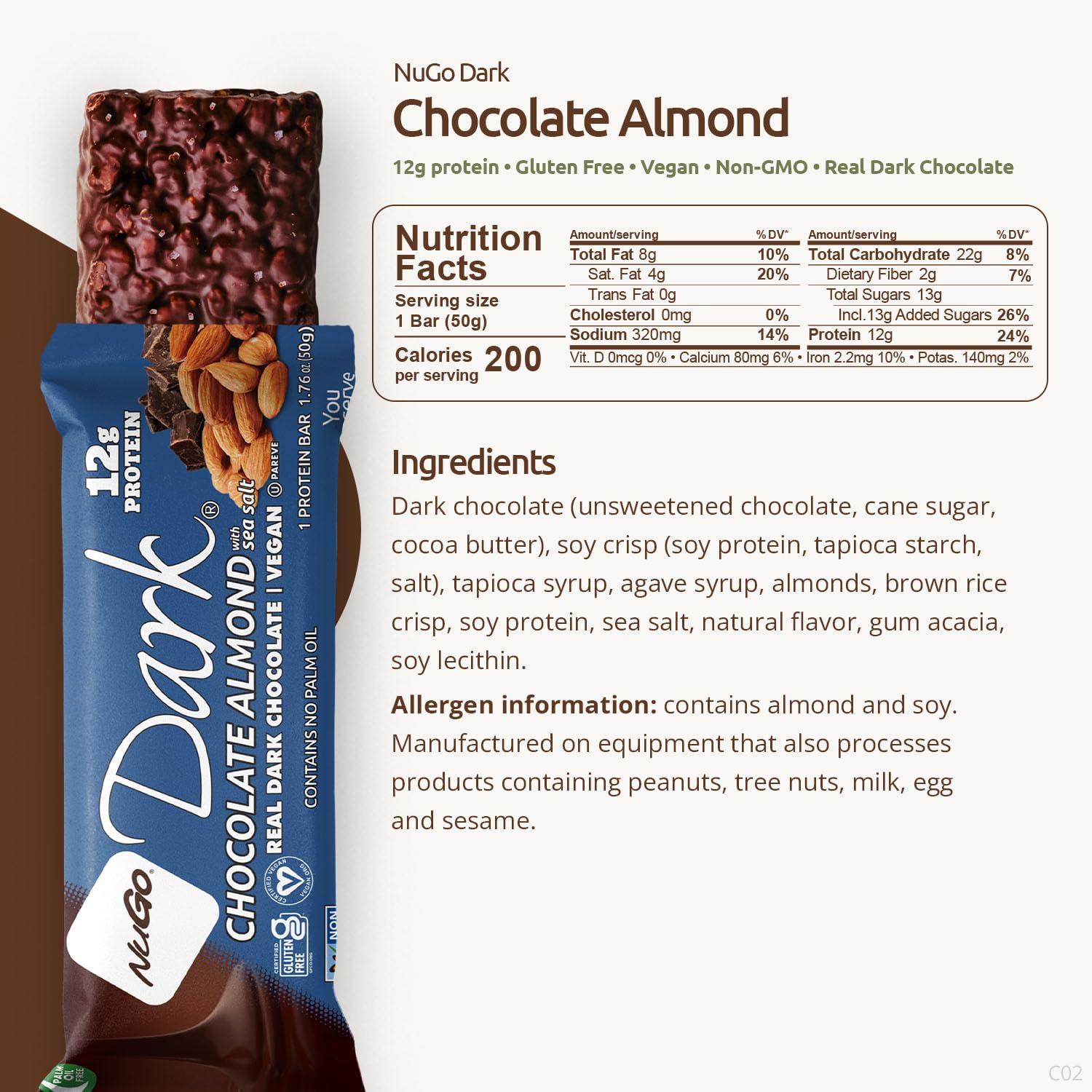 NuGo Dark, Mint Chocolate Chip, 13g Vegan Protein Bar, Gluten Free, 24 CT