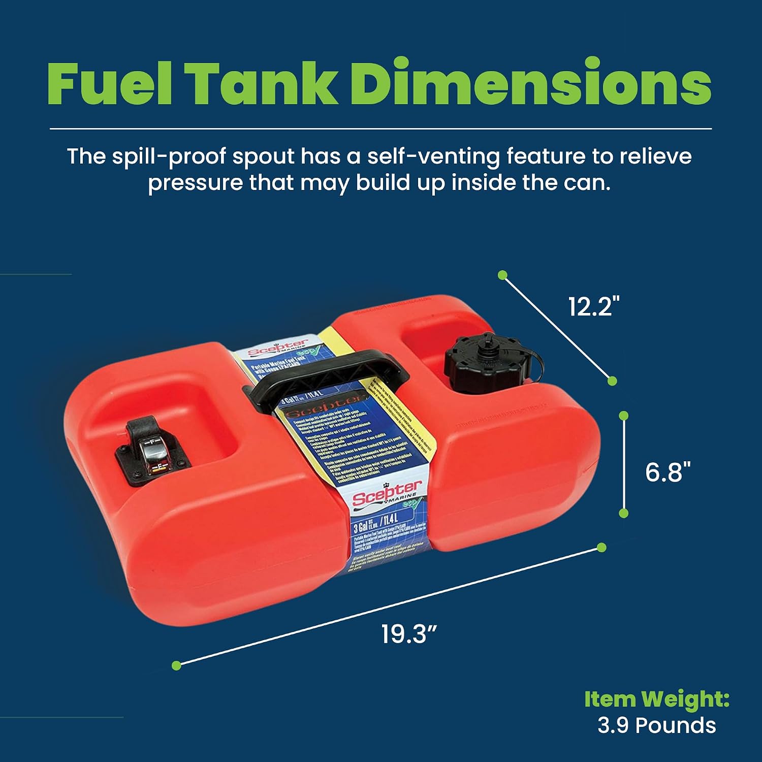 Scepter 6 Gallon Portable Marine Gas Can, Boat Fuel Tank with Top Handle | Underseat Design, 2-Way Vented Cap, Built-In Fuel Gauge and Pick-Up, EPA & CARB Compliant, 19.3"L x 12.2"W x 10.2"H (10511)