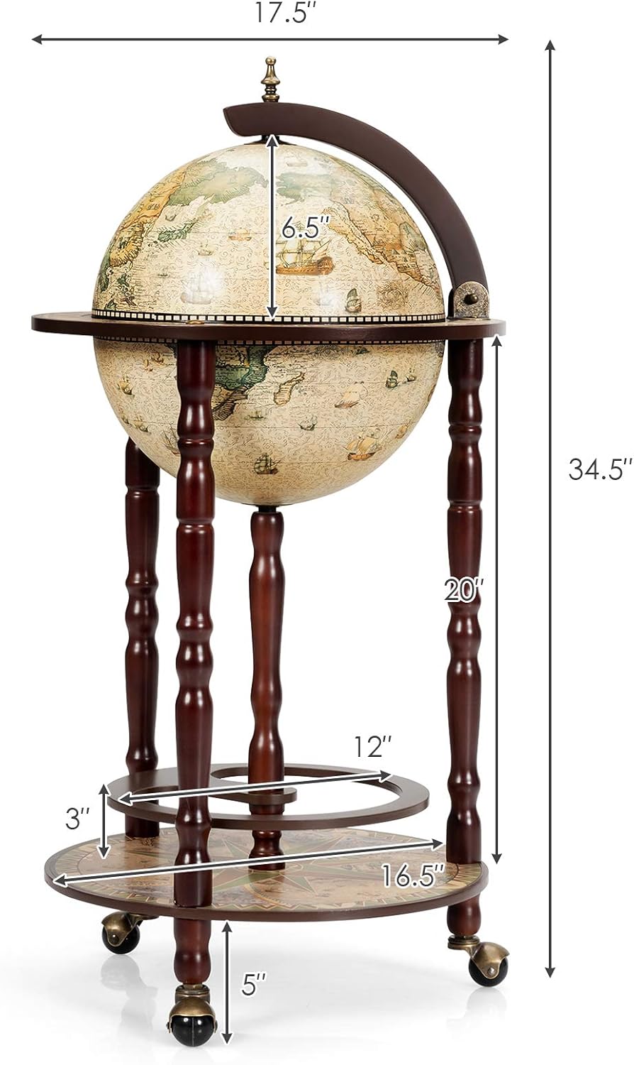 LDAILY Moccha 17” Globe Wood Wine Bar Stand, 16th Century Italian Replica Liquor Bottle Shelf w/Wheels, Wood Wine Cart Cabinet w/Bottom Shelf