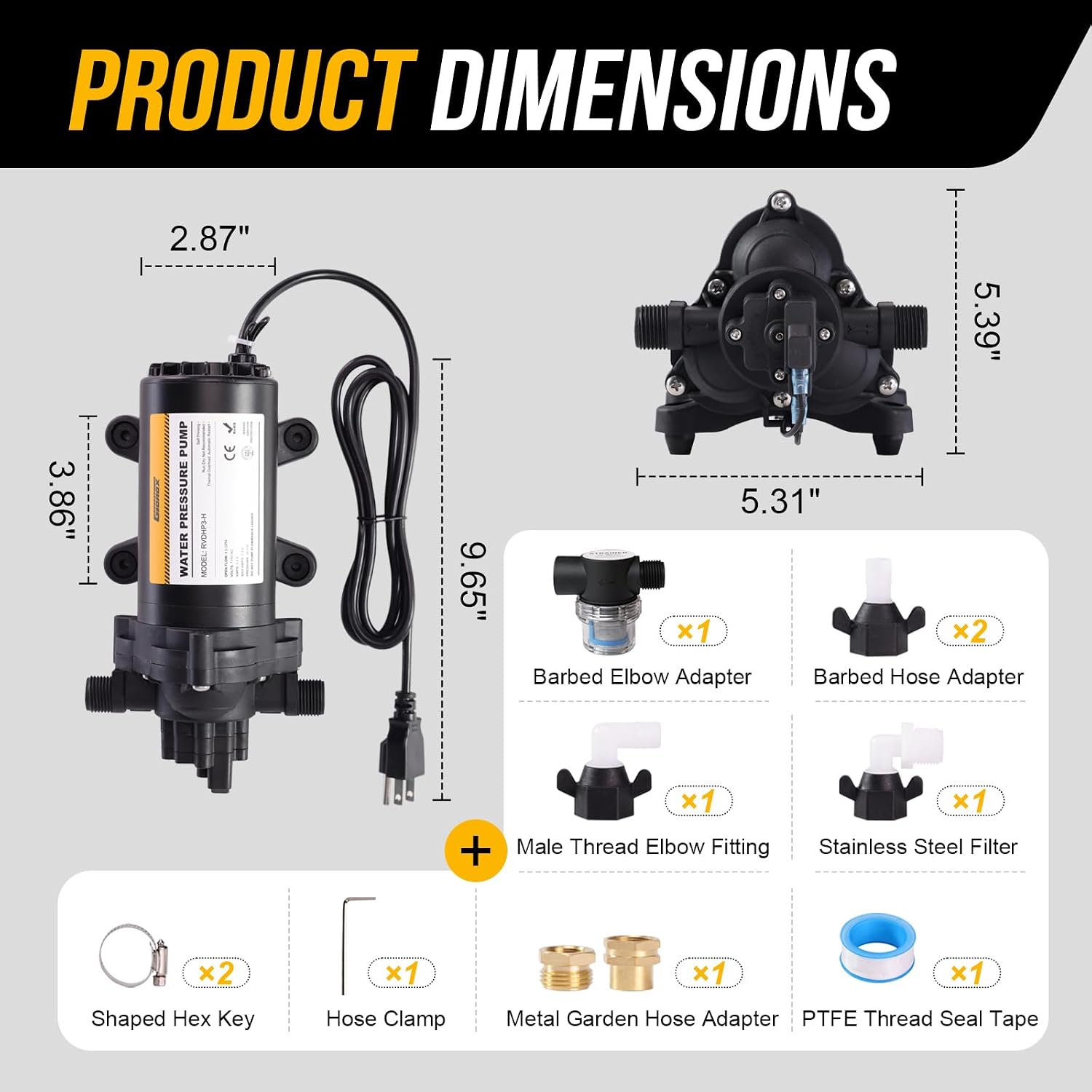 12V RV Water Pump, 5.0 GPM 55 PSI Diaphragm Pump, 20Volt Quiet Fresh Water Pump with Pressure Switch, Self Priming Pressure Pumps for RV Camper Boat Marine Food Truck, Dark Grey