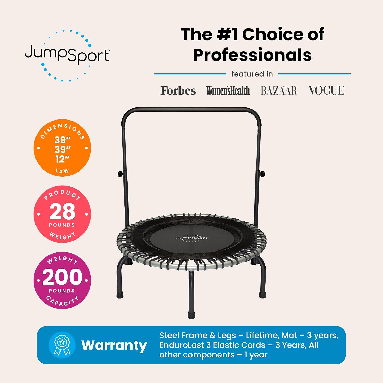 JumpSport 39” Premium Fitness Trampoline for Adults, Model 350i