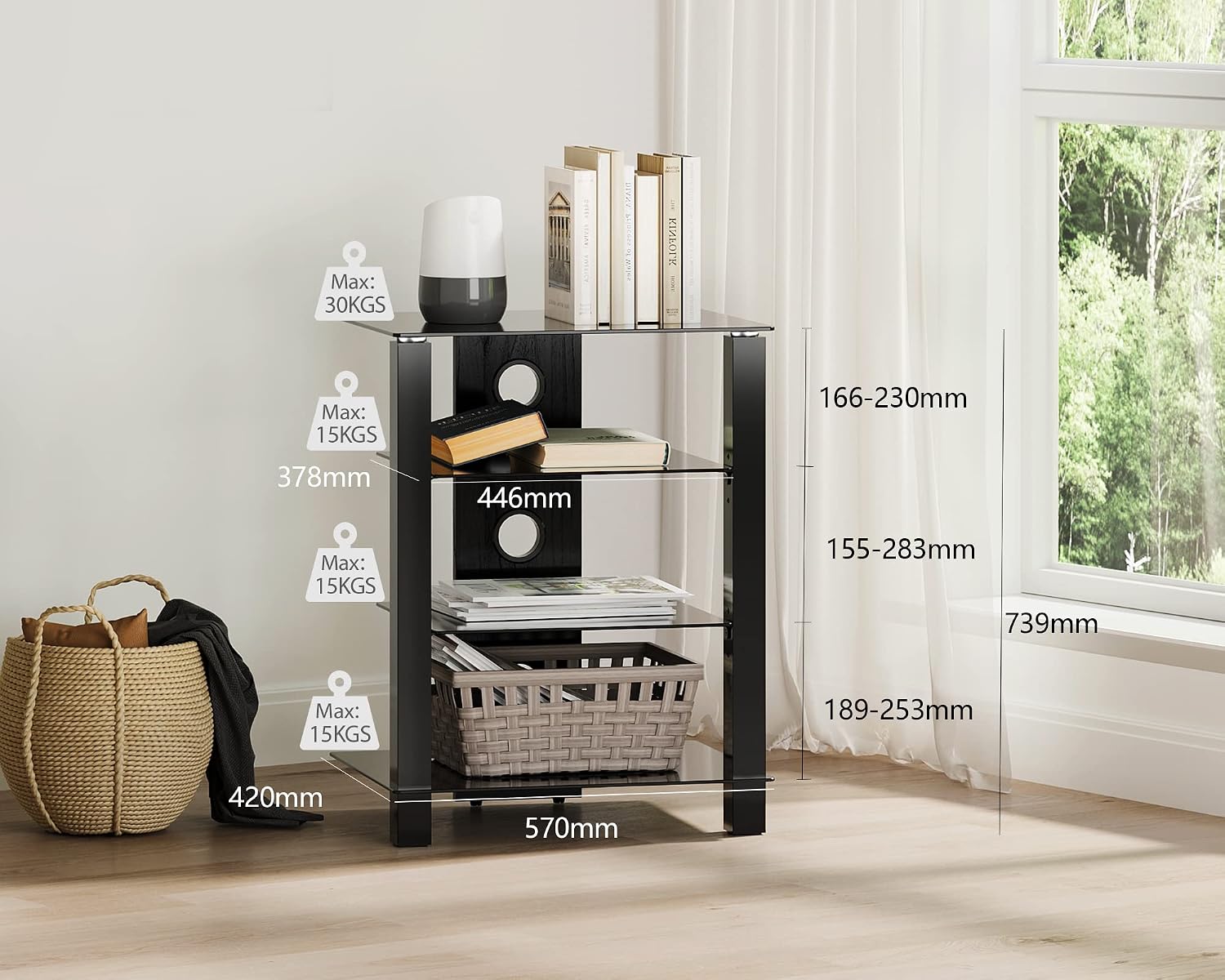FITUEYES 4-Tier AV Media Cabinet Stand with Multiple Height Options, Black