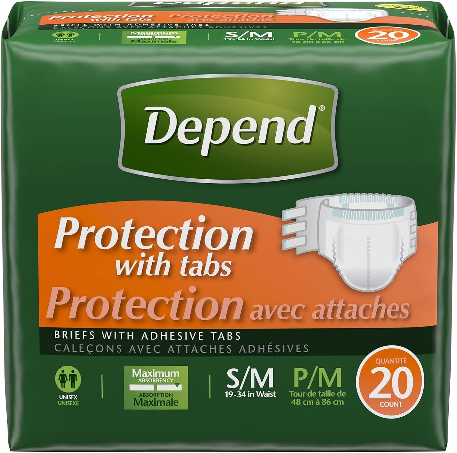 Depend Adult Diapers with Tabs, Incontinence Protection with Tabs, Unisex, Small/Medium (19–34" Waist, Up To 170 lbs), Maximum Absorbency, 60 Count (3 Packs of 20)