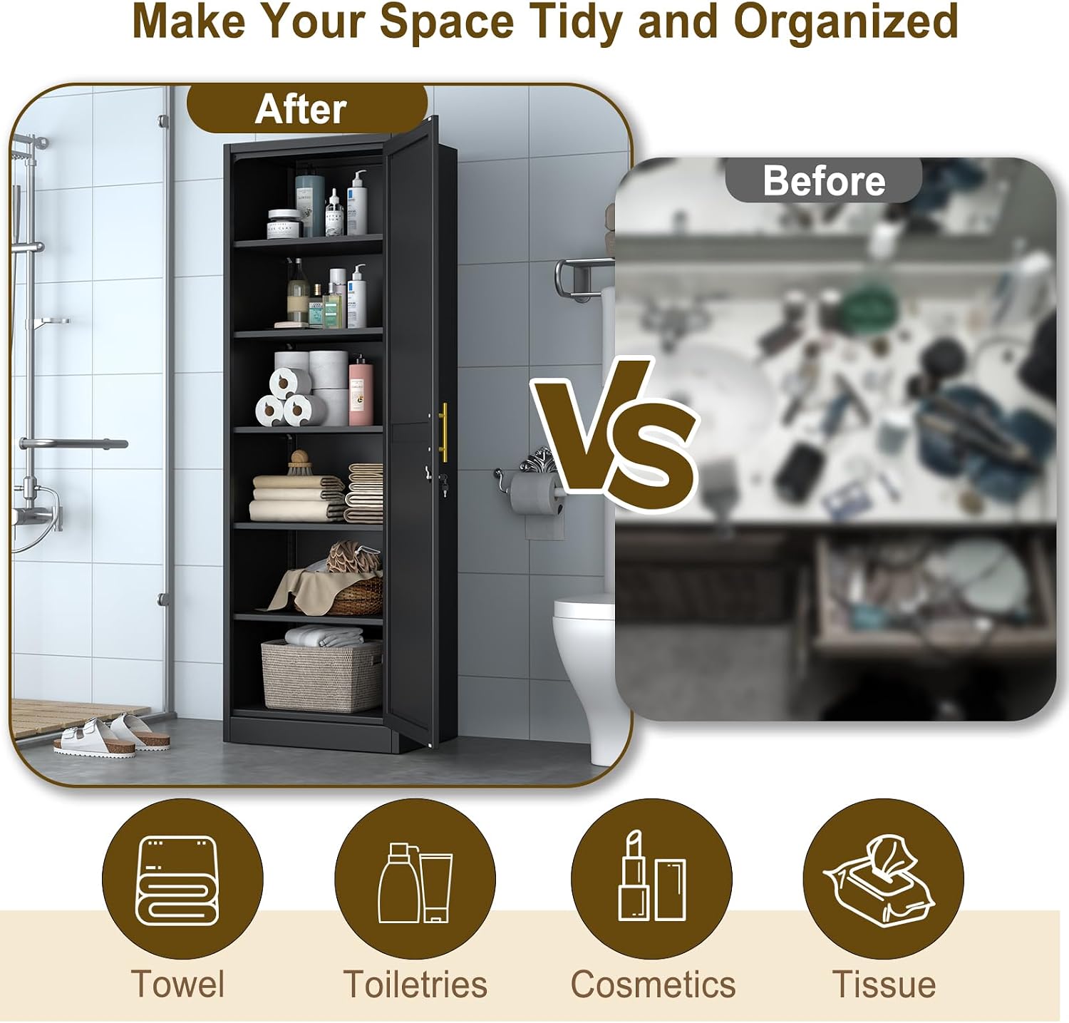 pozdeg 67" Tall Narrow White Metal Storage Cabinet | 2 Doors, 4 Adjustable Shelves, Freestanding Slim Pantry Organizer for Bathroom Kitchen Living Room