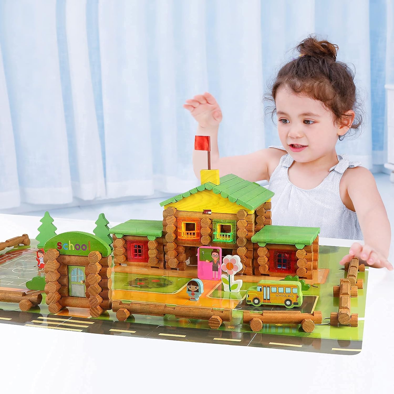 Wondertoys 170 Pieces Wood Logs Set Ages 3+, Classic Building Log Toys for Boy, Creative Construction Engineering Educational Gifts