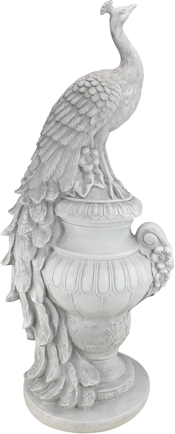 Design Toscano Staverden Castle Peacock on an Urn Garden Statue, 34 Inch Tall, Cast Stone Resin, Antique Stone Finish