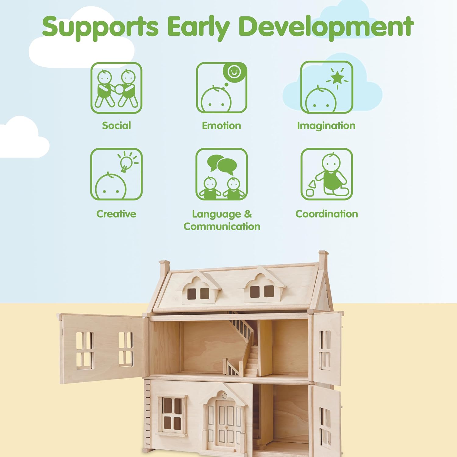 PlanToys® Green Wooden Dollhouse with Solar Panel, Wind Turbine & Furniture | recycling system, eco-friendly doll house, sustainable pretend play, kids, girls, environmental learning gift for boys