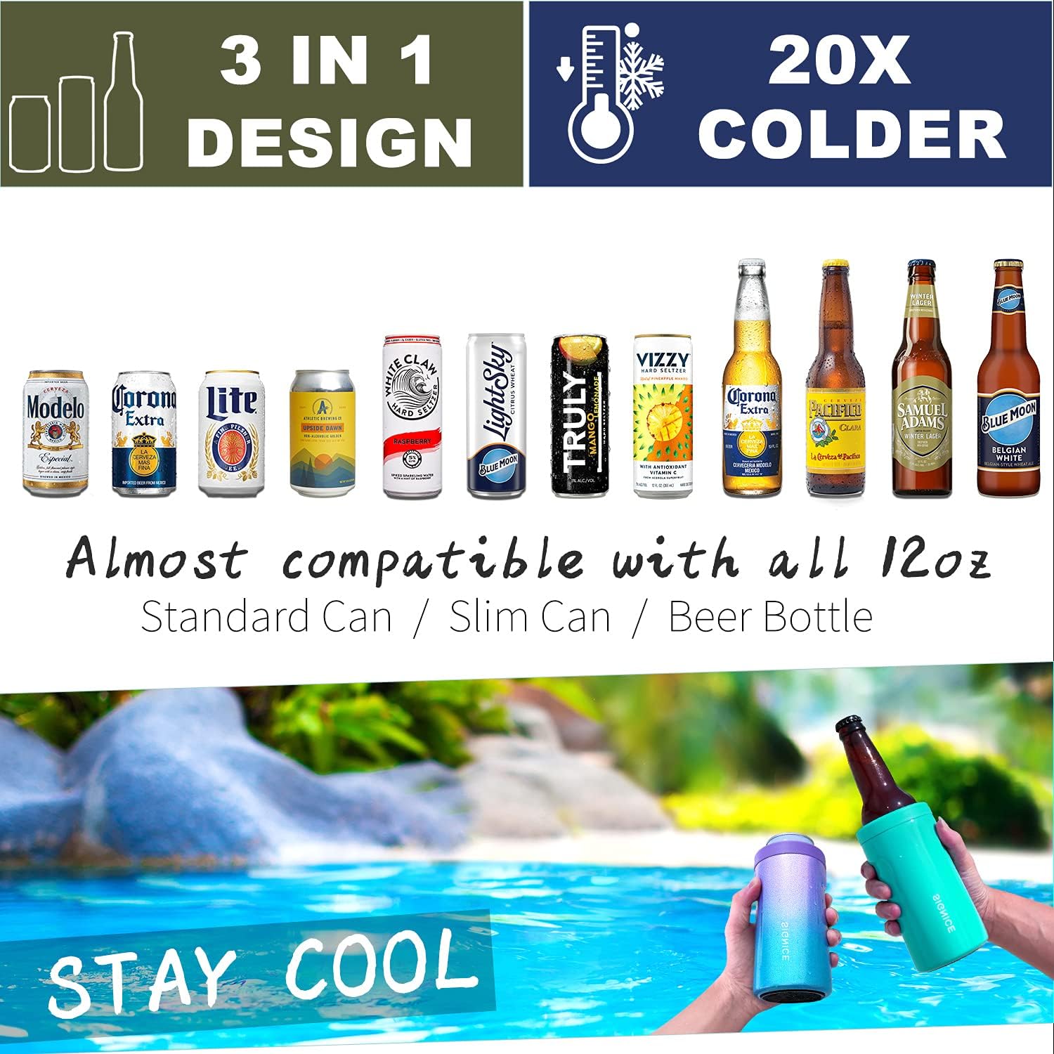 3 In 1 Insulated Universal Can Cooler - Signice Double Walled Vacuum Insulator Stainless Steel Slim Can Cooler for 12 Oz Skinny Tall Standard