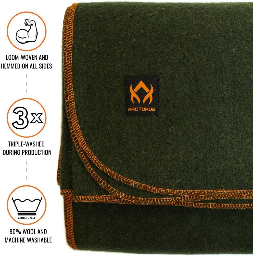 Arcturus Military Wool Blanket - Warm, Thick, Washable - Great for Outdoors, Camping, Stadium Blanket, Picnics, Travel - Car & Bushcraft Survival Kits