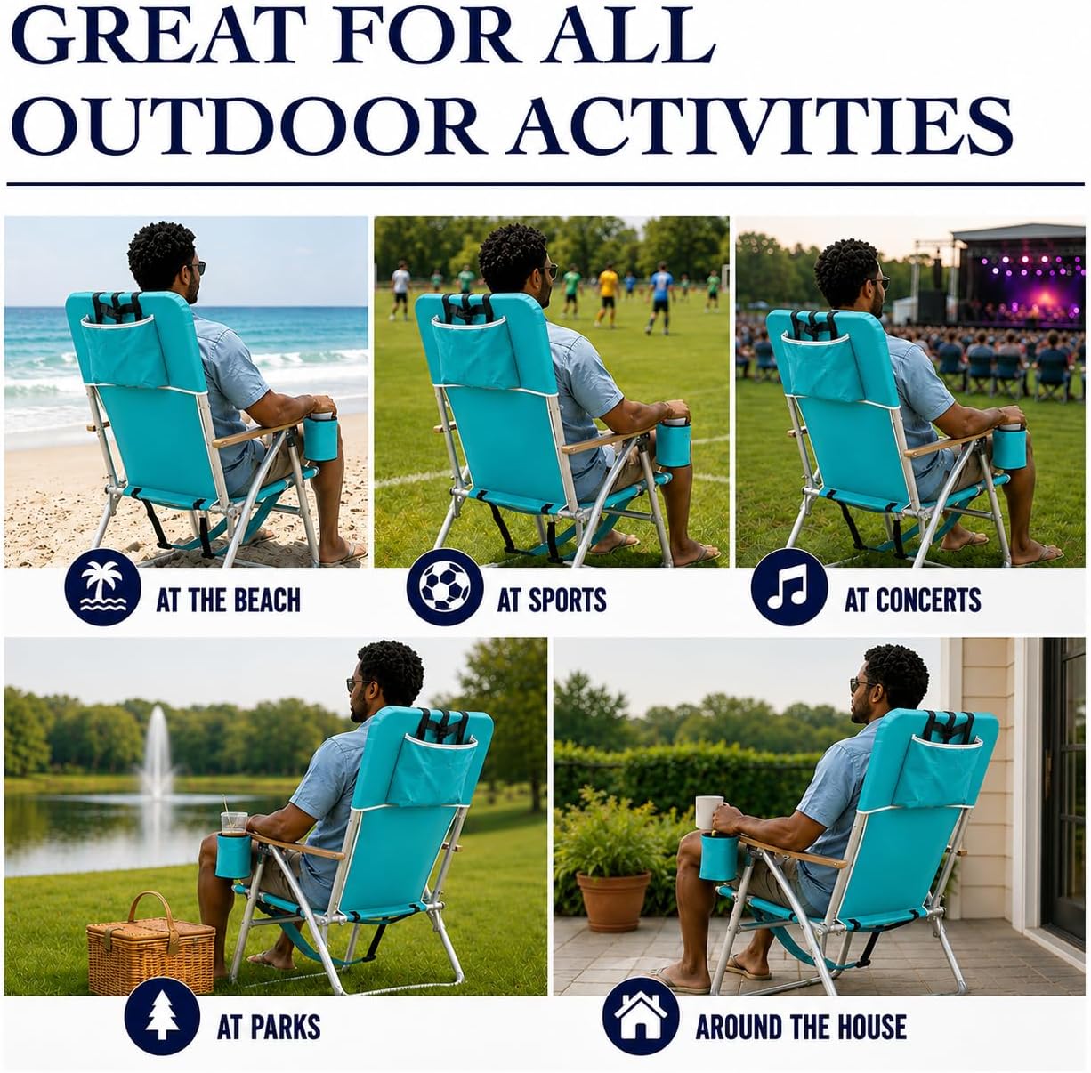 CARIBBEAN JOE Folding Beach Chair, 4 Position Portable Backpack Foldable Camping Chair with Headrest, Cup Holder, and Wooden Armrests