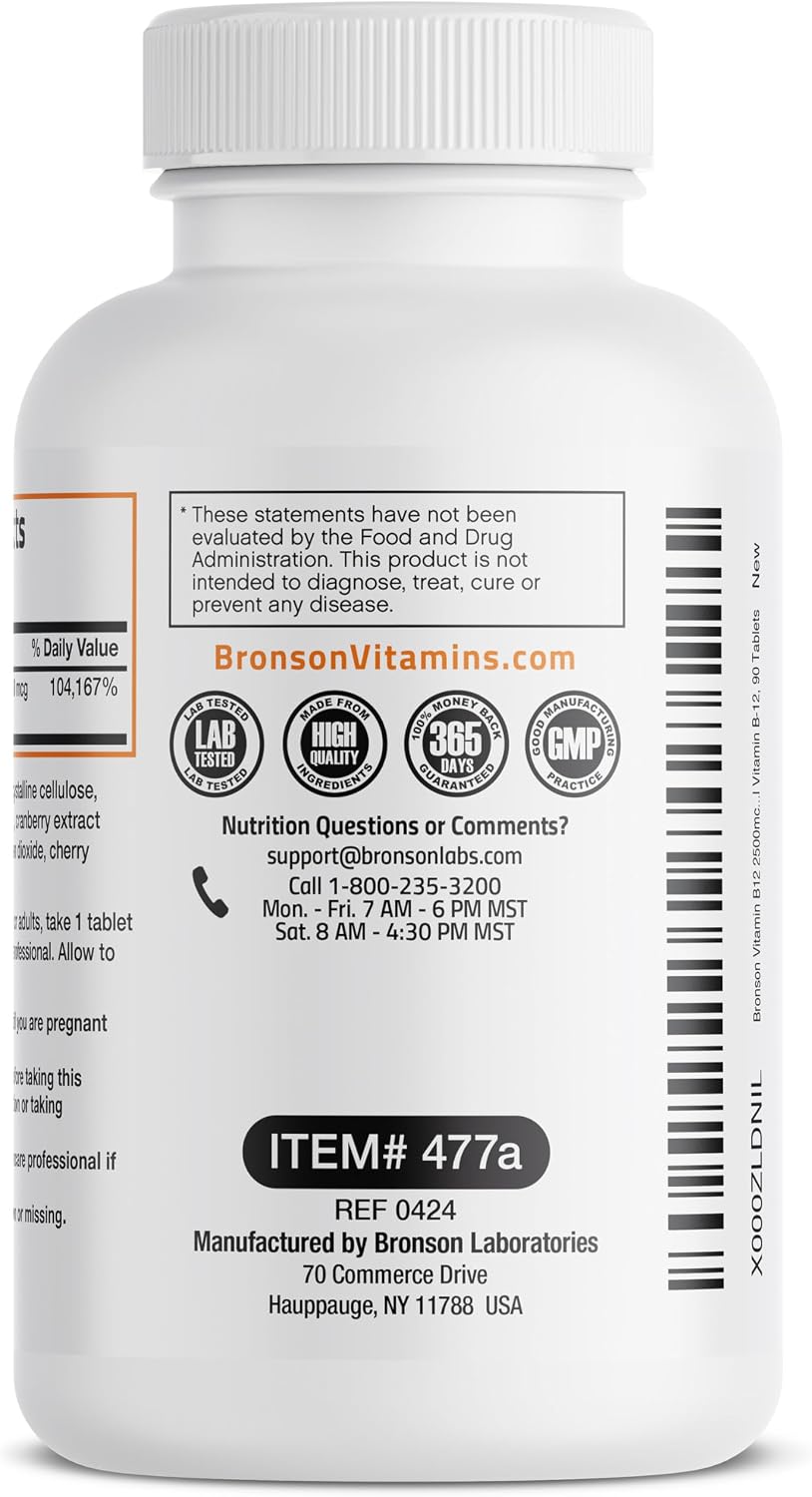 Vitamin B12 2500mcg Shot of Energy Fast Dissolve Chewable Tablets - Quick Release Cherry Flavored Sublingual B12 Vitamin - Supports Nervous System, Healthy Brain Function Energy Production – 90 Count