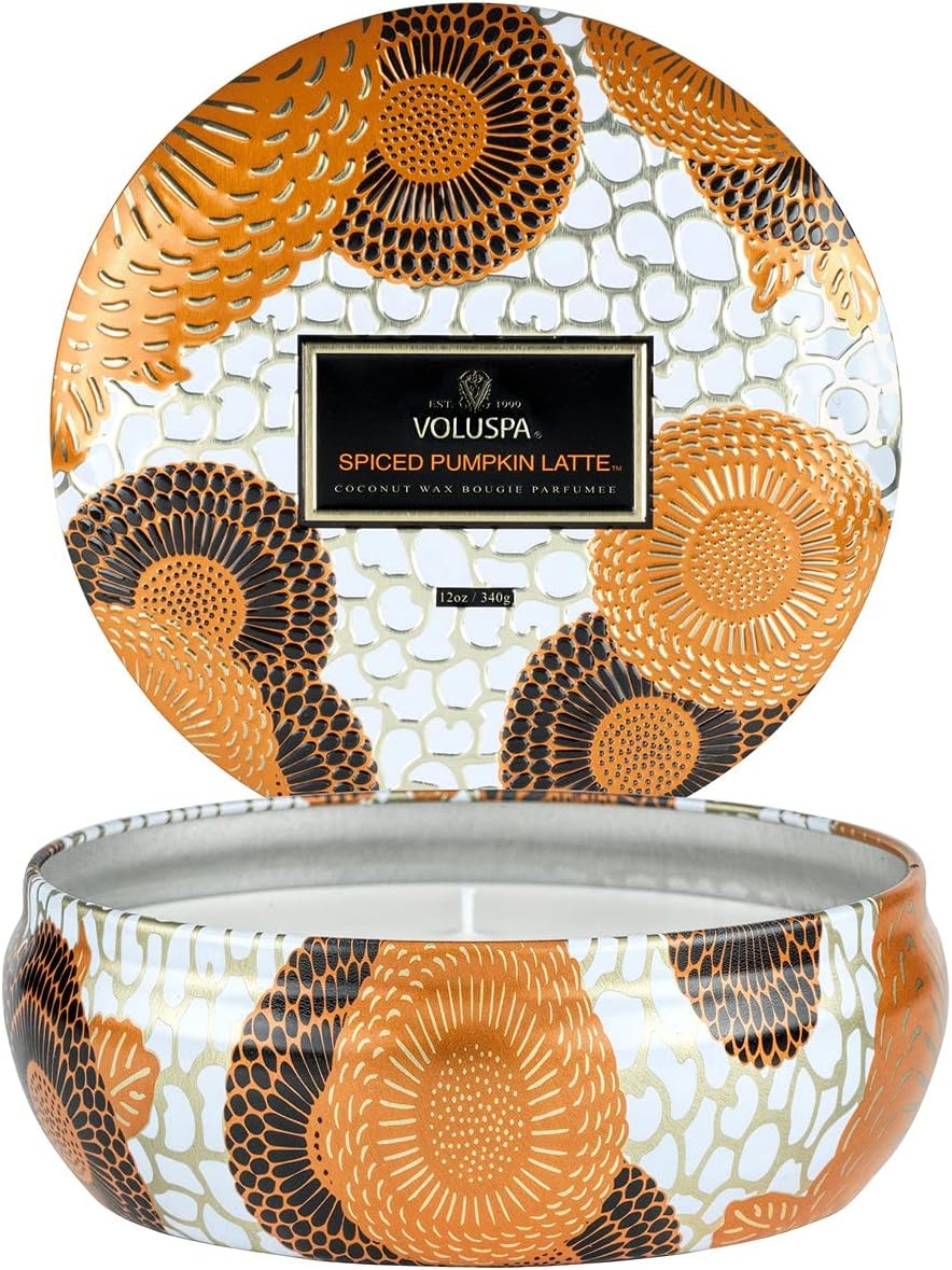 Voluspa Spiced Pumpkin Latte, 3 Wick Tin Candle, 12 Ounce, 40 Hour Burn Time, Coconut Wax for Clean Burning, Handcrafted in the USA