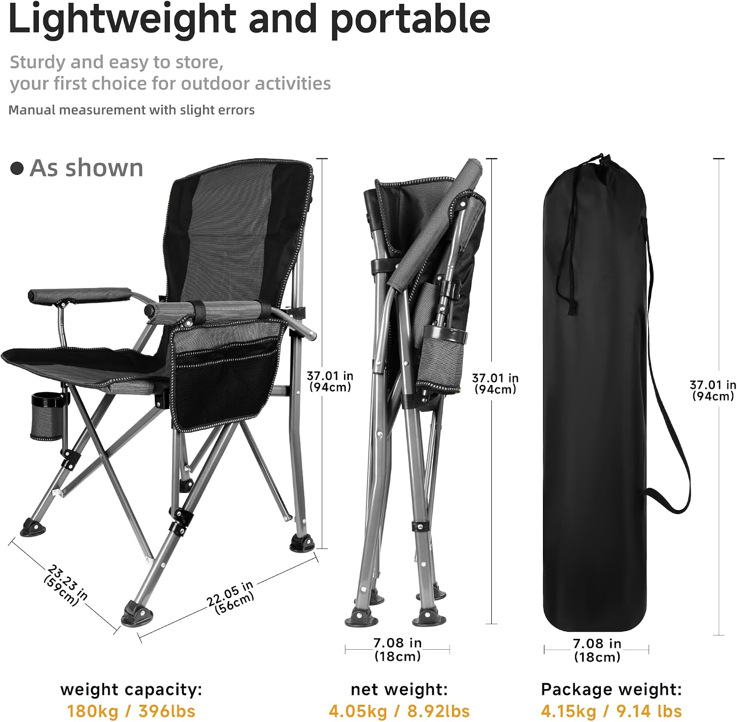 Adjustable Back Folding Camping Chair for Camp, Picnic, Lawn, Fishing | Adjustable Back; Weight Capacity 400 LBS;Hard Arm Portable Chair;Cup Holder;Storage Bag;carrying bag
