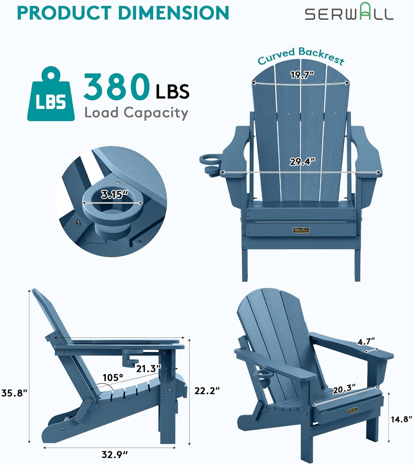 SERWALL Folding Adirondack Chairs with Cup Holder, Outdoor Fire Pit - Blue