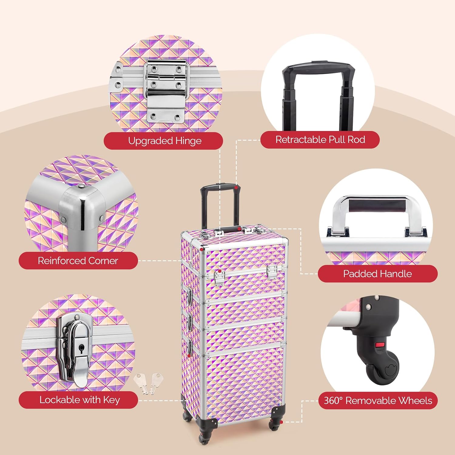 mefeir 4 in 1 Rolling Makeup Train Case, Aluminum Makeup Travel Organizer Cosmetic Case, Cosmetology Display Suitcase on Wheels, Beauty Storage Luggage Lockable w/4 Removable Wheels (Black)