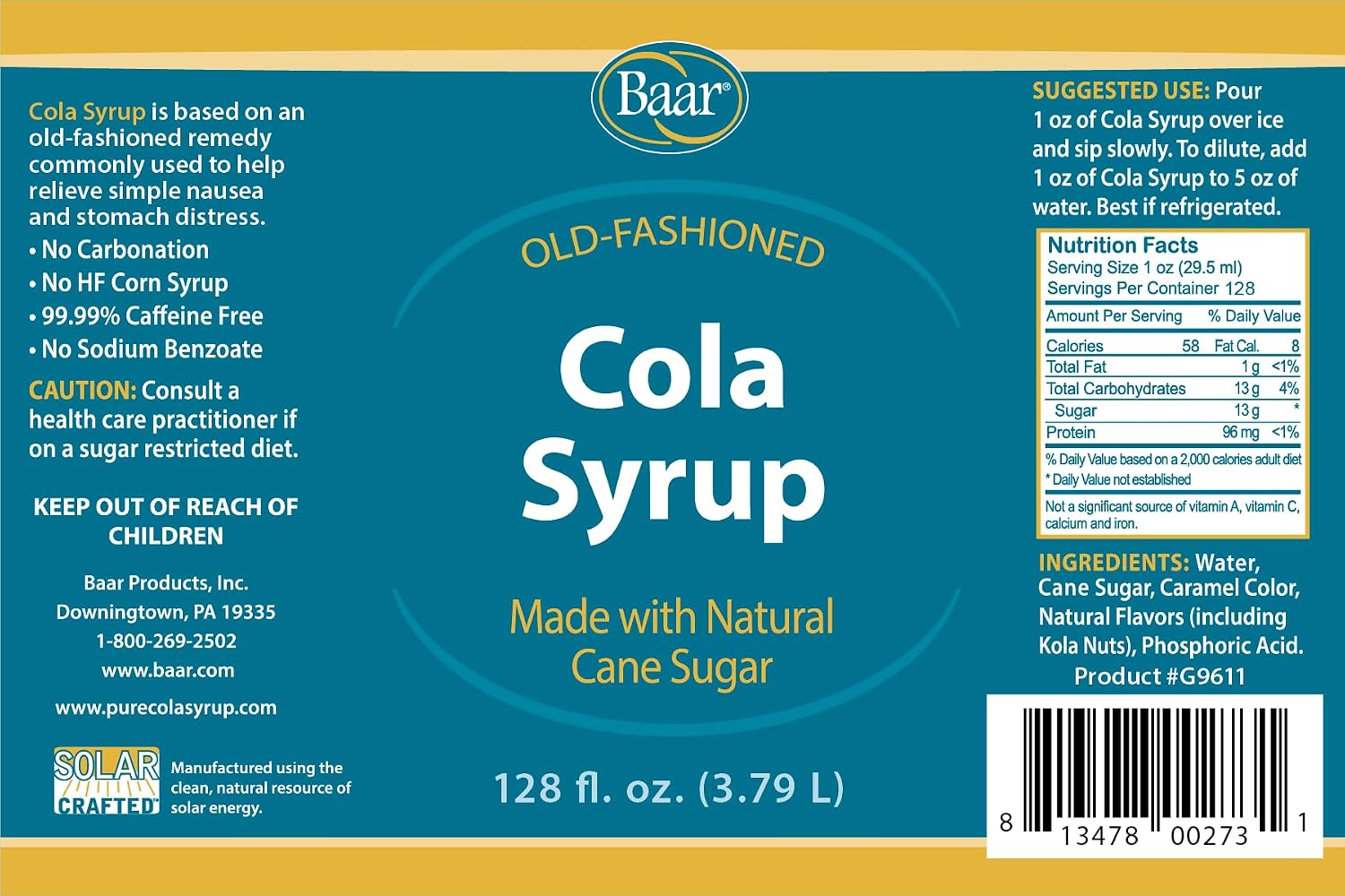 Baar Caffeine-Free Cola Syrup with Pure Cane Sugar, 12 oz | Non-Carbonated Cola Syrup, No High Fructose Corn Syrup, Made with Pure Cane Sugar for Mixing Drinks and Recipes