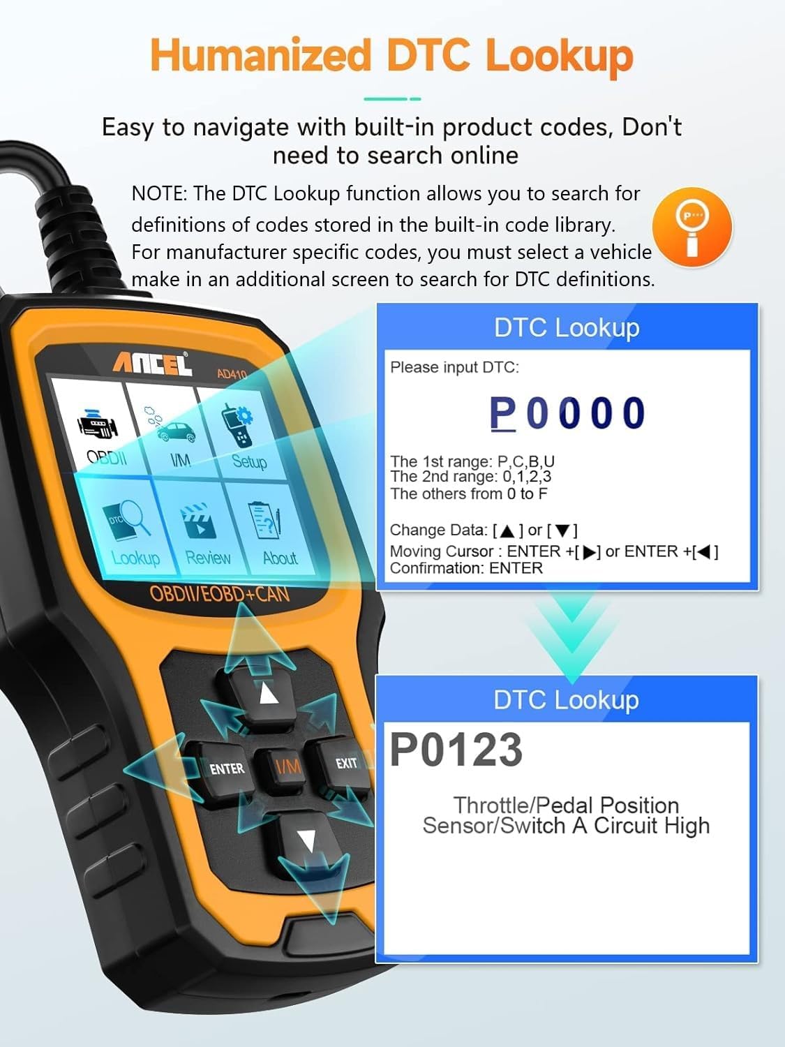 ANCEL AD410 Enhanced OBD2 Scanner, Vehicle Code Reader for Check Engine Light, Automotive OBD II Scanner Fault Diagnosis