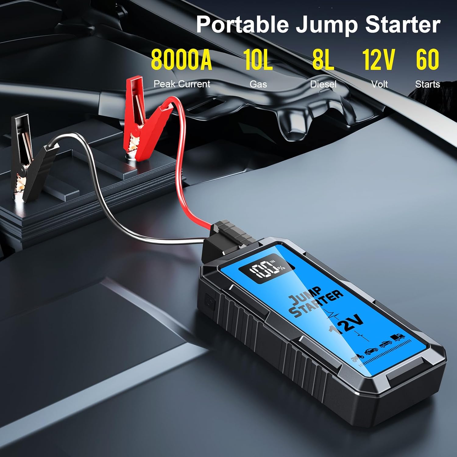 8000A Car Battery Jump Starter Box with Jumper Cables, 12V Car Jump Starter Portable (All Gas