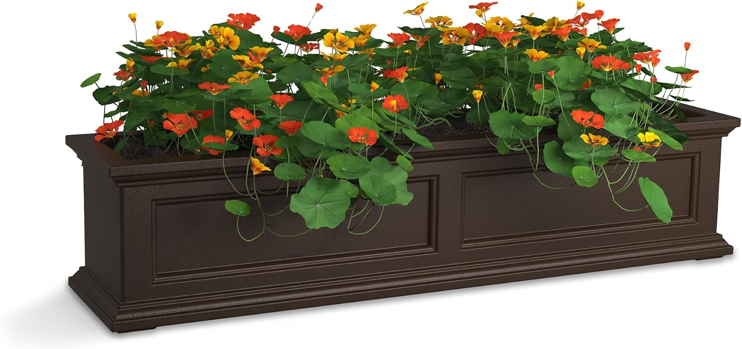 Mayne Fairfield 48in Self-Watering Rectangular Window Box Planter, Black | Self-watering, All season, Fade resistant, Mounting brackets included, Built-in overflow, 15-year warranty