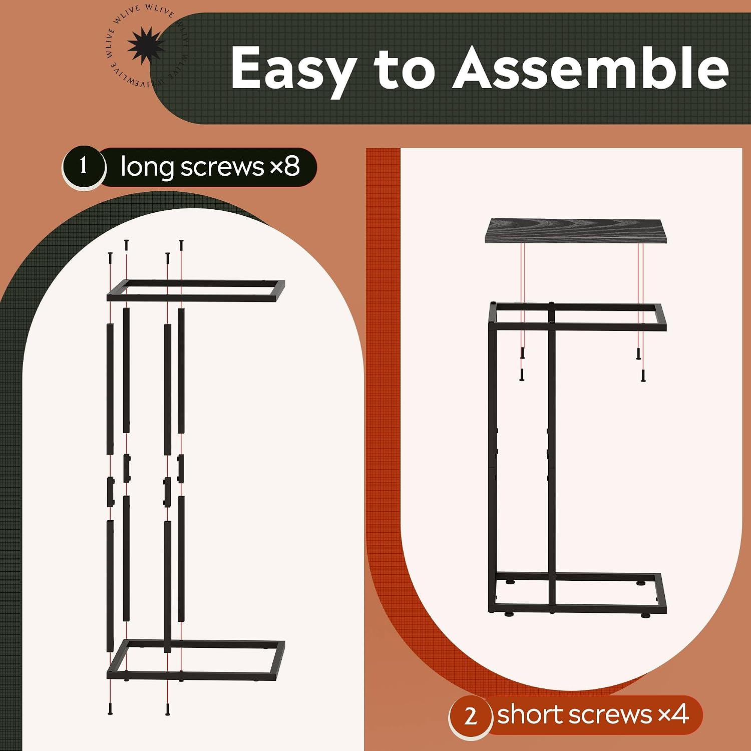 WLIVE C Shaped End Table, Small Side Tables for Sofa and Bed, Couch Table that Slides Under for Living Room, Bedroom, Home Office, Small Spaces