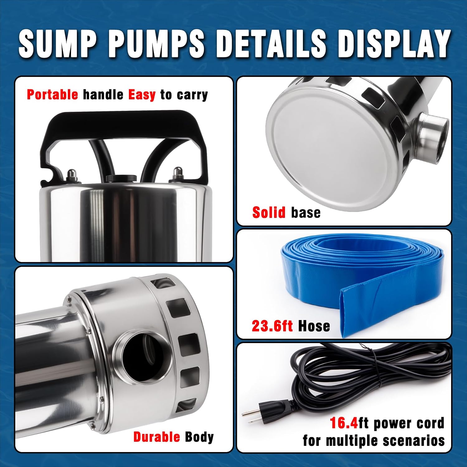 1.5HP Sump Pump, 4000GPH High Flow Clean&Dirty Water Pump