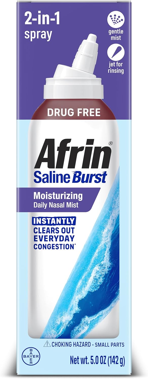Afrin Saline Burst Moisturizing Daily Nasal Mist, Isotonic Seawater Saline Nasal Spray with Dual Nozzle for Everyday Congestion Relief and Dry Nose