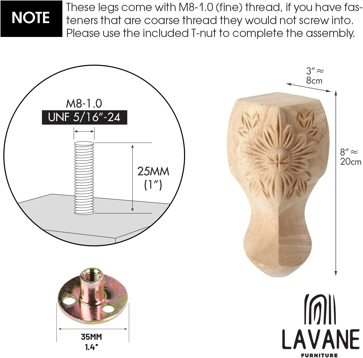 La Vane 6 inch / 15cm Wooden Furniture Legs, Set of 4 European Style Solid Wood Carving Furniture Replacement Feet Decoration for Sofa Cabinet Wardrobe Table Loveseat
