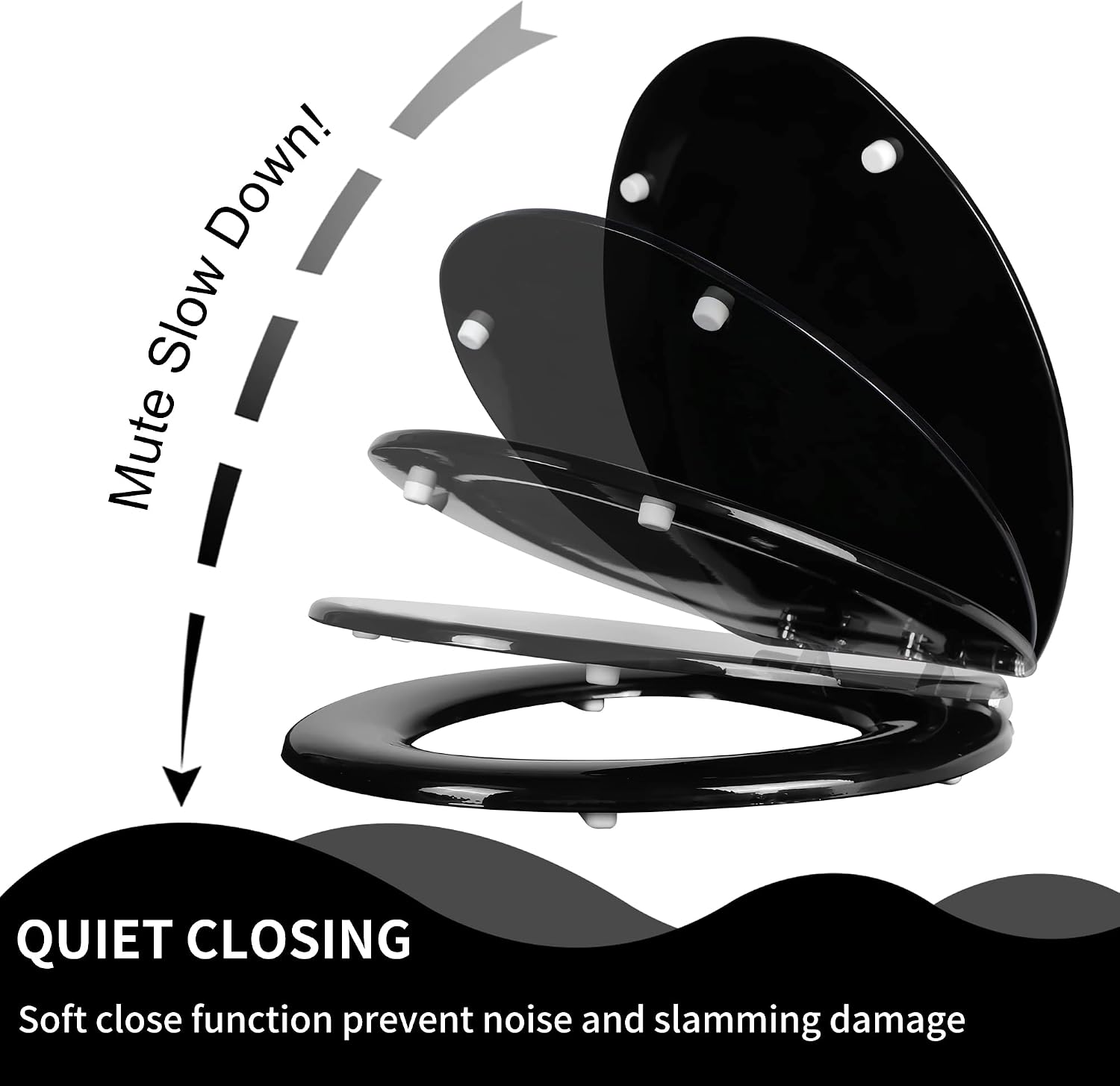 Angel Shield Toilet Seat with Zinc Alloy Hinges Quiet-Close Quick-Release Wood Molded UV Lid Easy Clean(Elongated,Black)