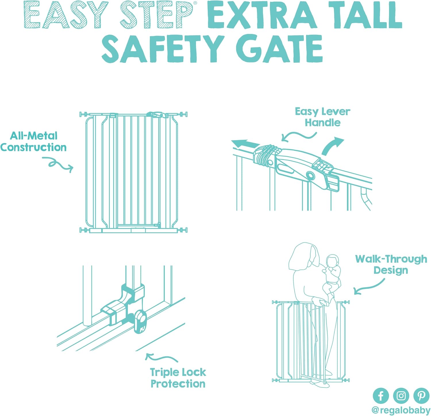 Regalo Safety 29"-49" Extra Wide Baby Gate, Bottom of Stairs & Doorways | Pressure Mounted with Door, For Babies, Toddlers & Pets, White, Tested & Trusted for 30 Years