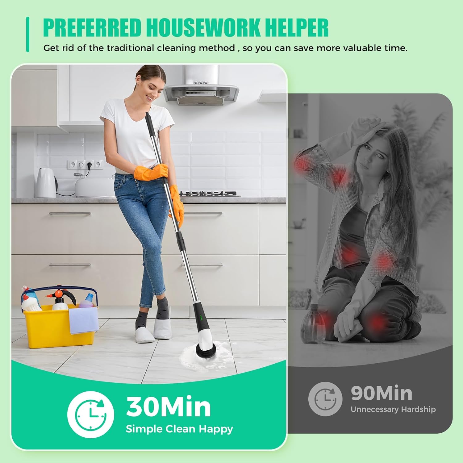 YKYI Electric Spin Scrubber, Cordless Power Cleaning Brush with Long Handle | 8 Brush Heads, 3 Handle Lengths, 2 Speeds, IPX7 Waterproof