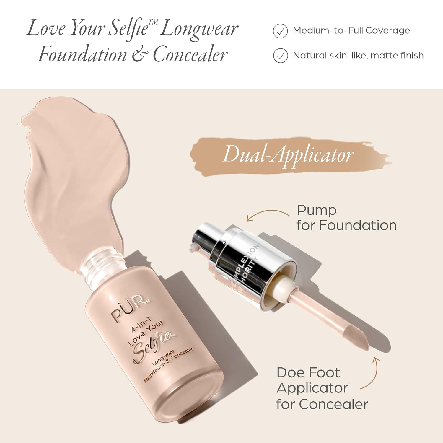PÜR MINERALS 4-in-1 Love Your Selfie Foundation & Concealer - Longwear Medium-to-Full Coverage Liquid Makeup Foundation with Hydrating Blend for Refined-Looking, Natural Beauty Glow & Skin Texture