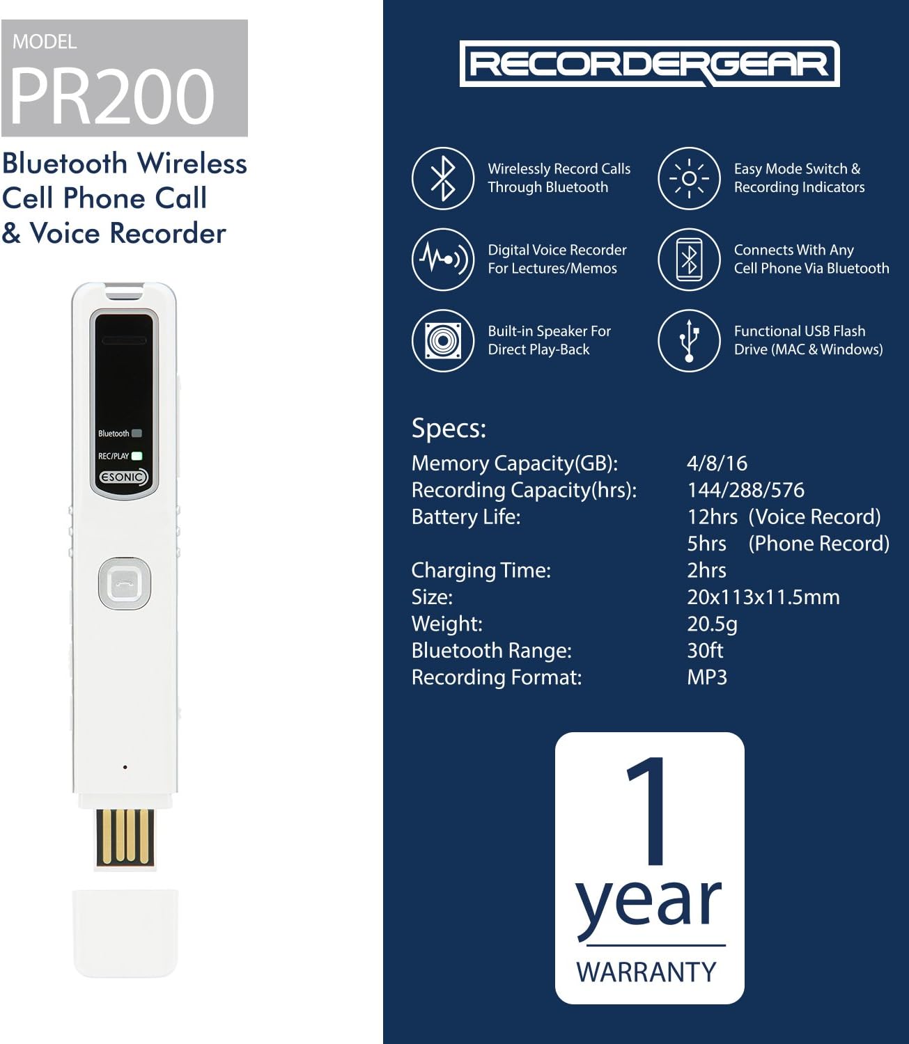 PR200 Cell Phone Call Recording Device, Bluetooth Enabled, iPhone and Android Mobile Recorder