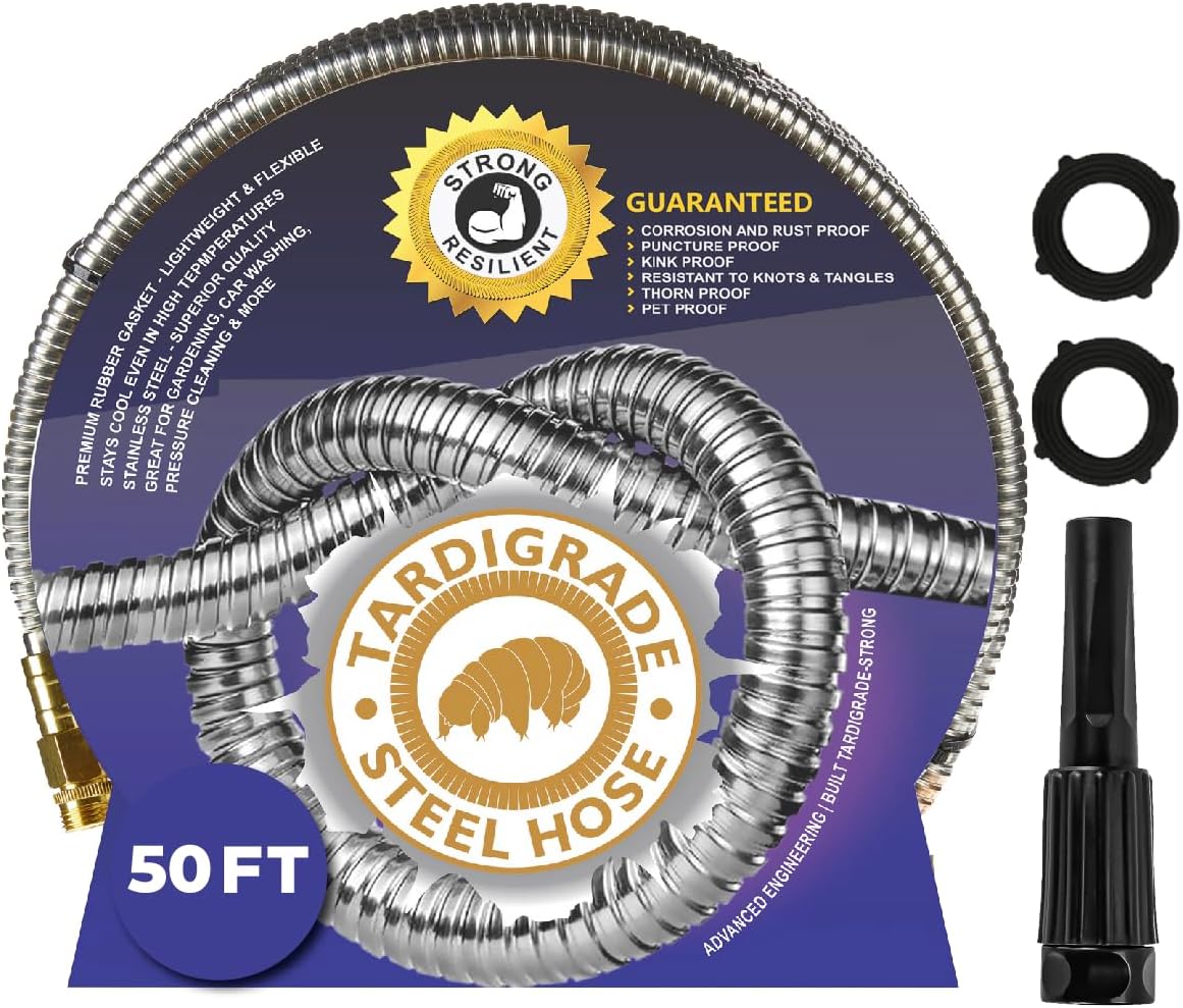 Tardigrade Metal Garden Hose 50 FT, Heavy Duty 304 Stainless Steel Water Hoses, Unmatched Durability, Flexible, No Kink & Tangle, Lightweight