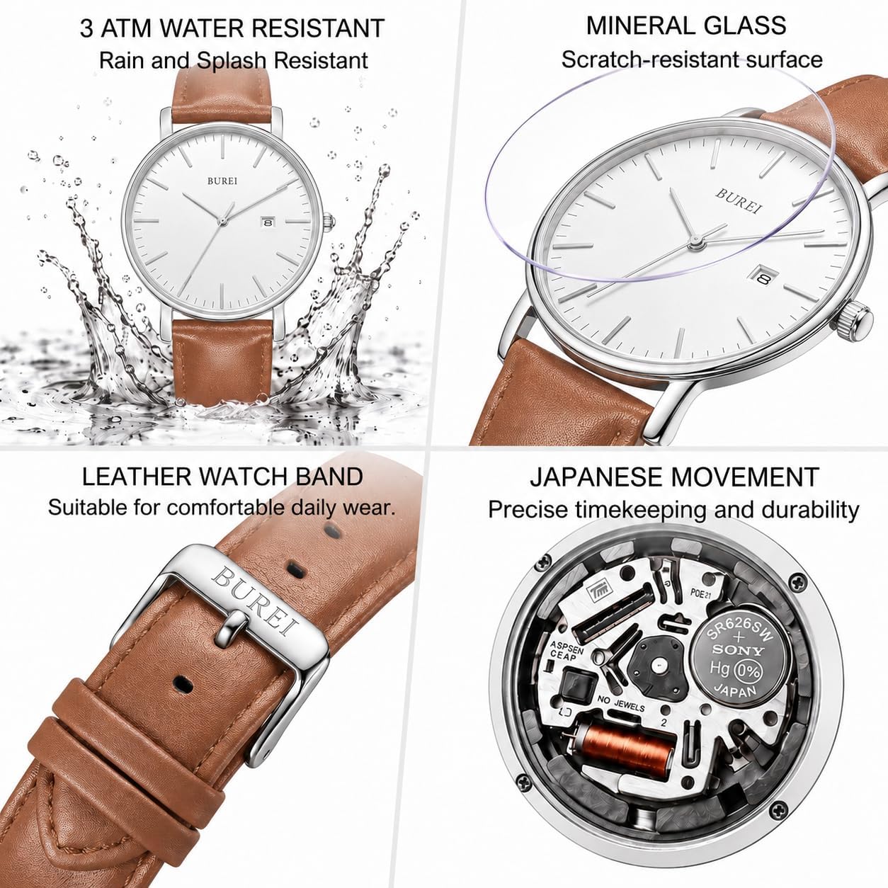 BUREI Men Wrist Watches Fashion Minimalist Thin Analog Quartz Waterproof Watches for Men, Refined Gifts for Men, Boyfriend, Husband, Dad
