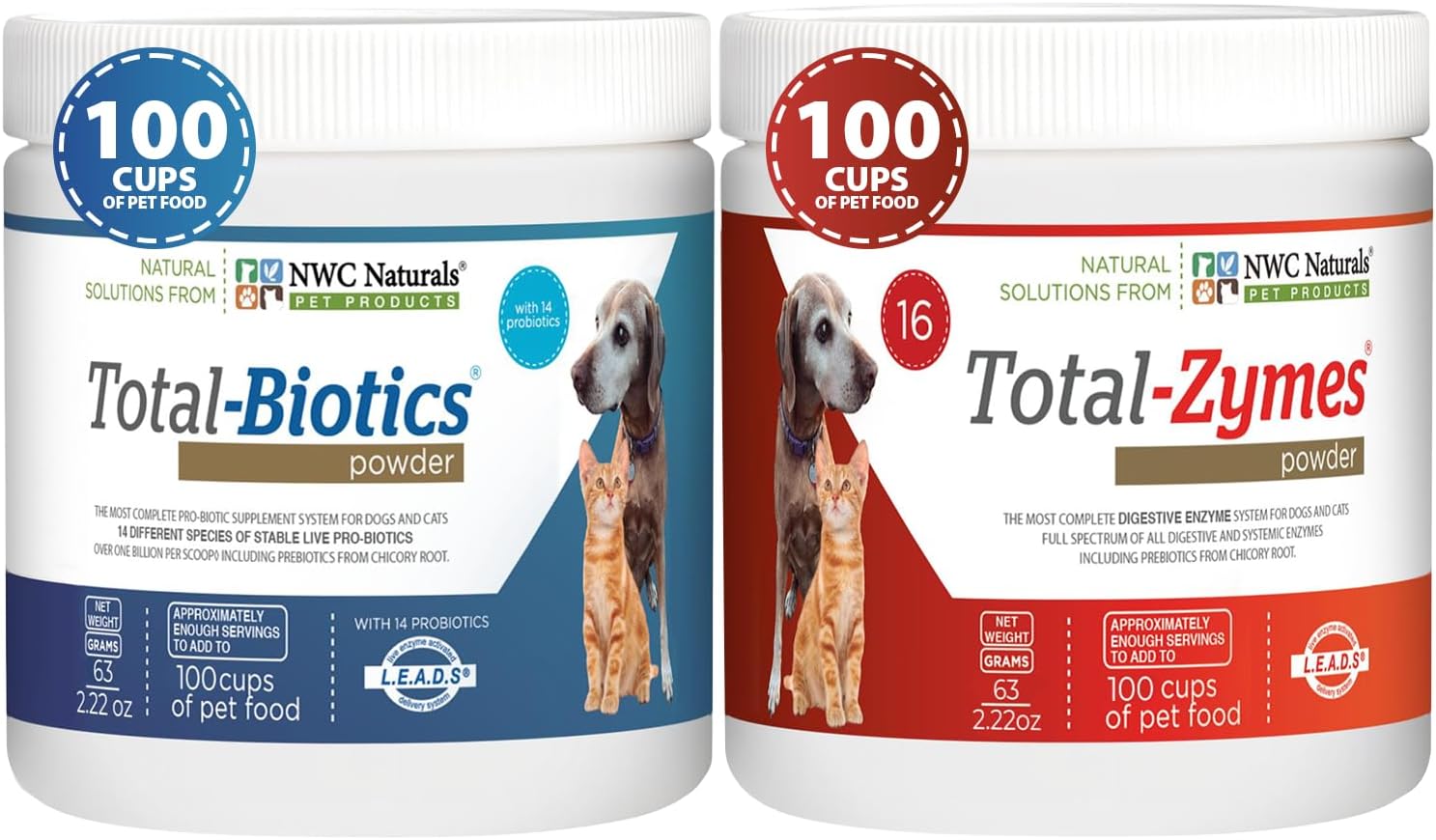 Pet Probiotic and Digestive Enzyme Powder Twin Pack, 2 Jar Set | 14 Probiotic Strains, 16 Digestive Enzymes, Flavorless Powders Blend with Pet Food, Each Jar Covers About 365 Cups of Food