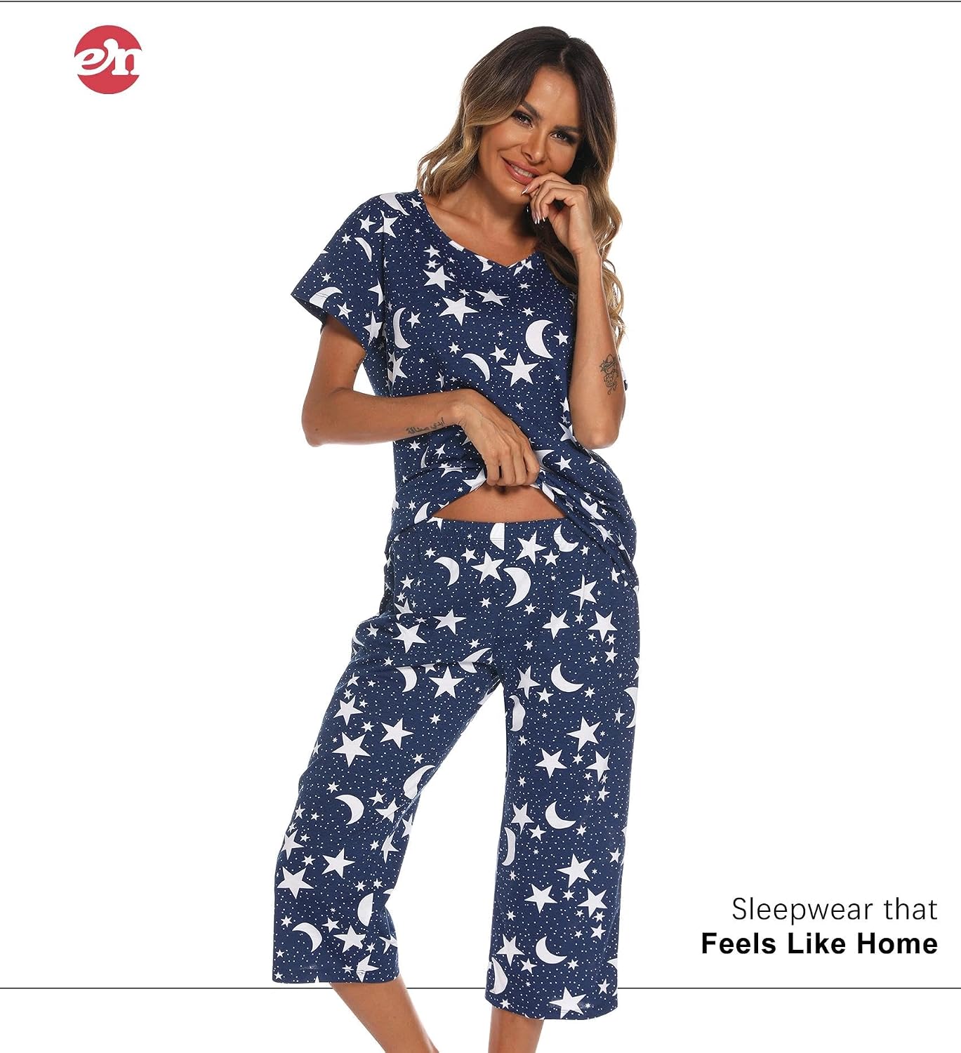 ENJOYNIGHT Womens Pajama Set Cotton Short Sleeve Top With Capri Pants Pj