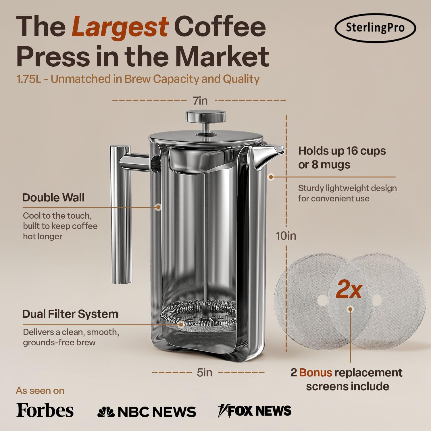 SterlingPro Large Insulated Stainless Steel French Press Coffee Maker 51oz Capacity (44 oz Brew Yield) – Double Wall Metal Coffee Press | Plastic Free | Cool-Touch | Mirror Finish | 12 Cups / 6 Mugs