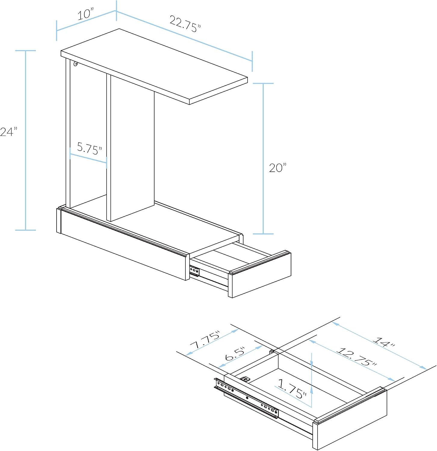 Casual Home Monroe C-Table Drawer, Concealment Furniture, Mocha, 22.75 in x 10 in x 24 in