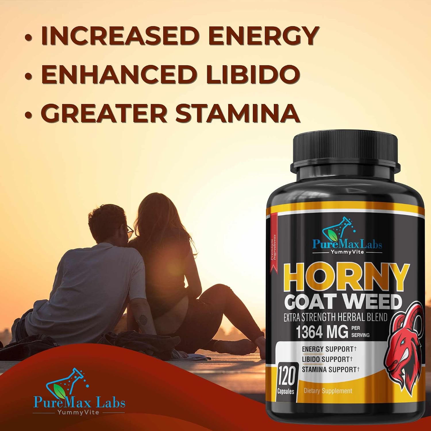 YUMMYVITE Horny Goat Weed Extra Strength Blend, w. Maca, Arginine, Ginseng, Tribulus, Tongkat, Libido, Stamina, Energy Support, Non-GMO Formula