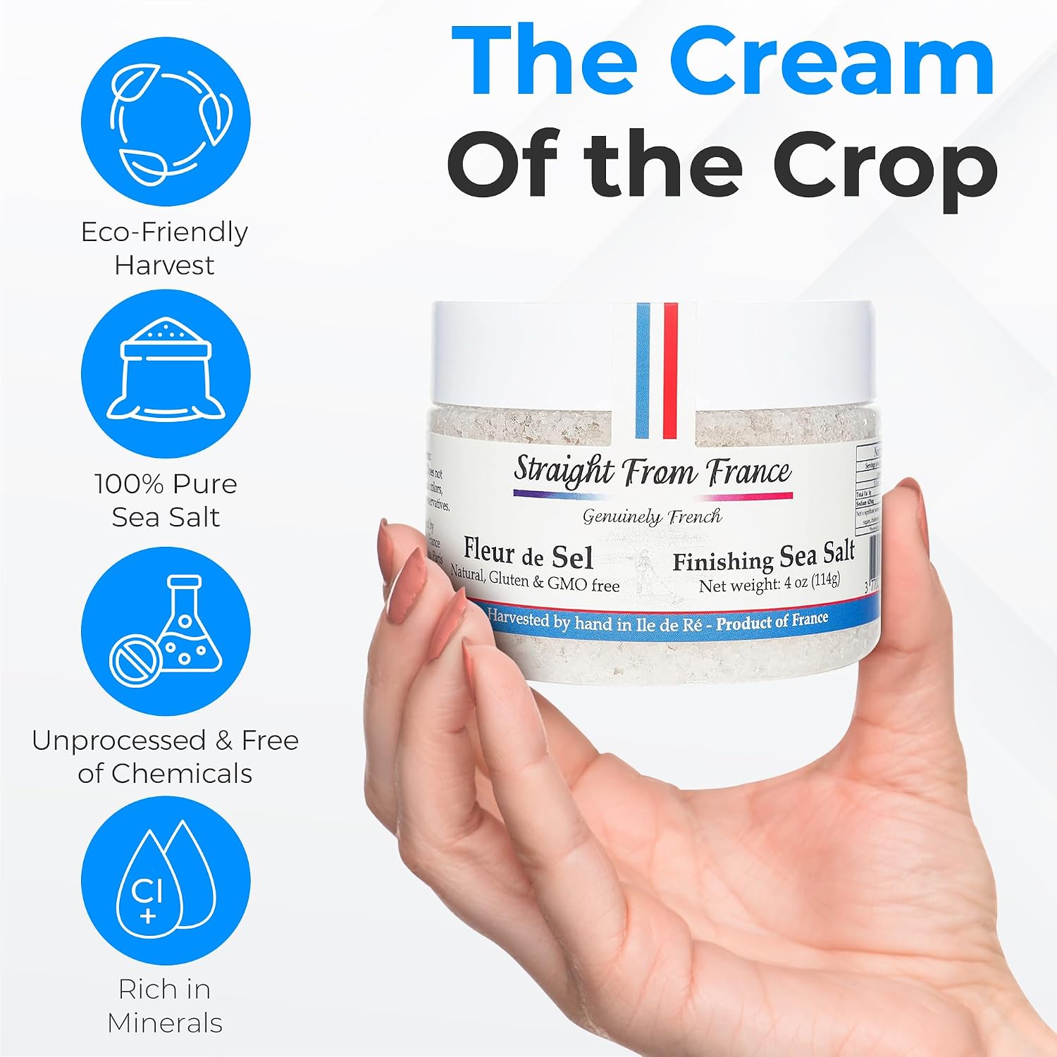 Straight from France Genuinely French Fleur De Sel Flaky Sea Salt | Finishing salt rich in minerals & electrolytes, flaky sea salt for baking and seasoning dishes, hand harvested, 1.5oz jar