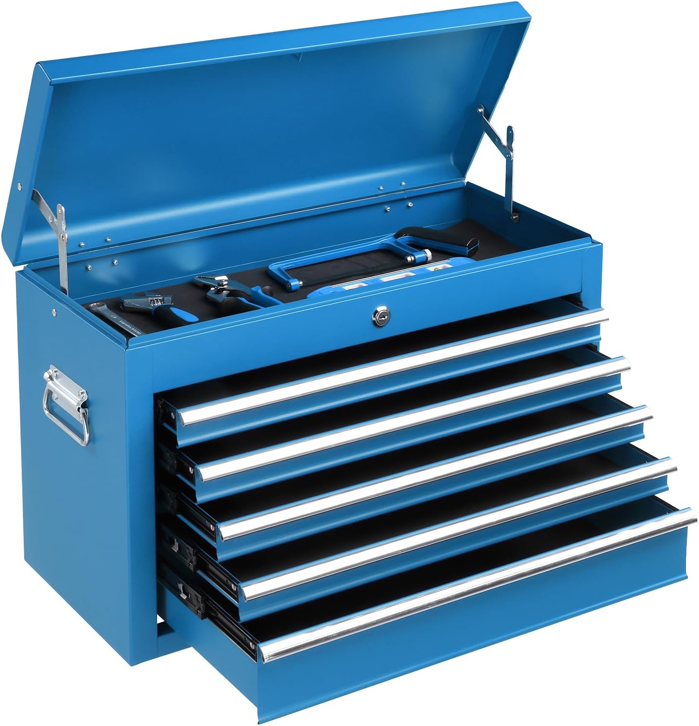 24" Metal Portable Tool Box with 5 Drawers, Lockable, Red | ToolBox with Top Storage Tray, Carry Handle, Ball Bearing Runners, Tool Chest Cabinet for Garage, Warehouse, Repair Shop