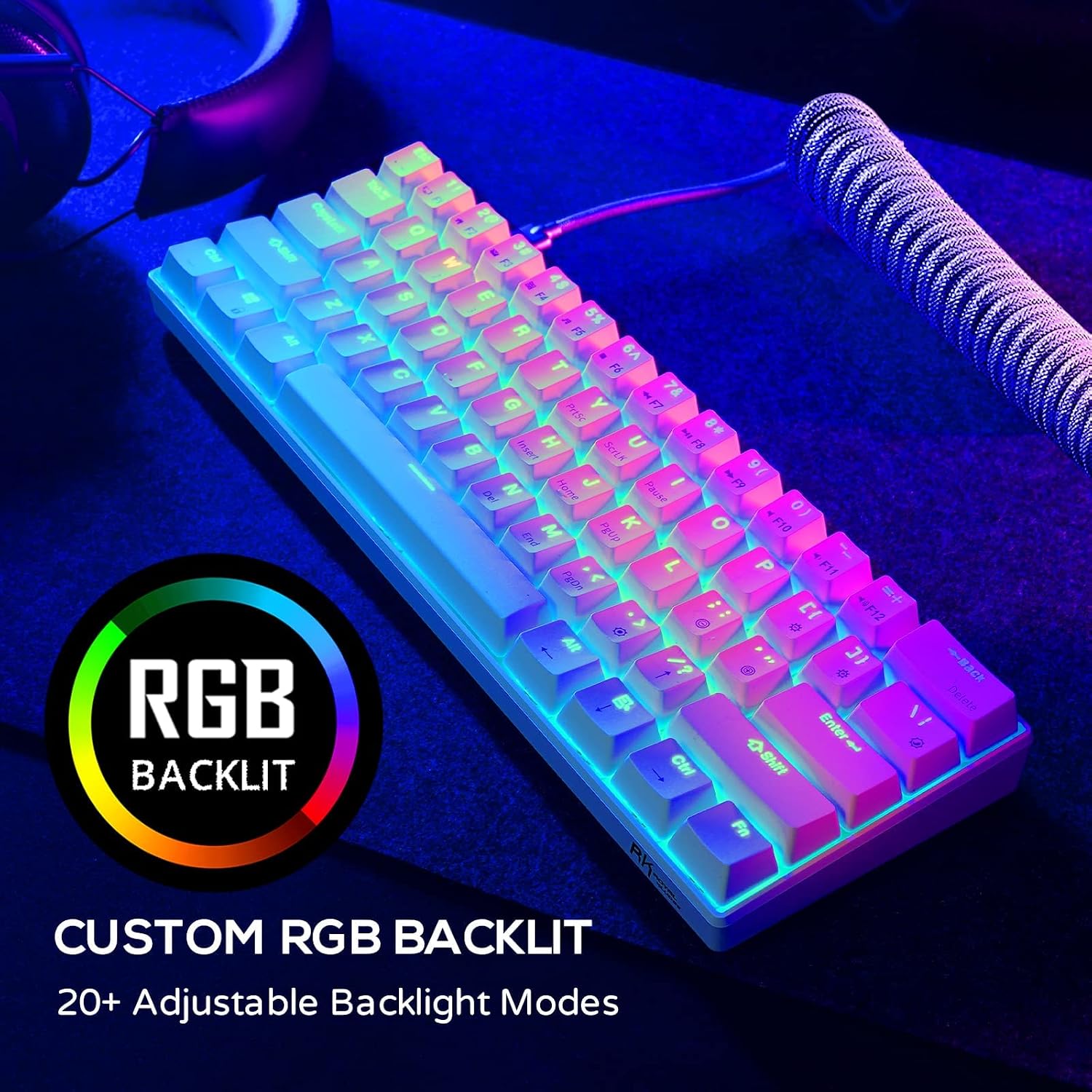 RK ROYAL KLUDGE RK61 Wireless Mechanical Keyboard, 60% Percent RGB, White | Hot Swappable Gaming Keyboard with Bluetooth/2.4G/USB, 61 Keys Ultra-Compact for Win/Mac/PC, Coiled Cable, Linear Red Switch