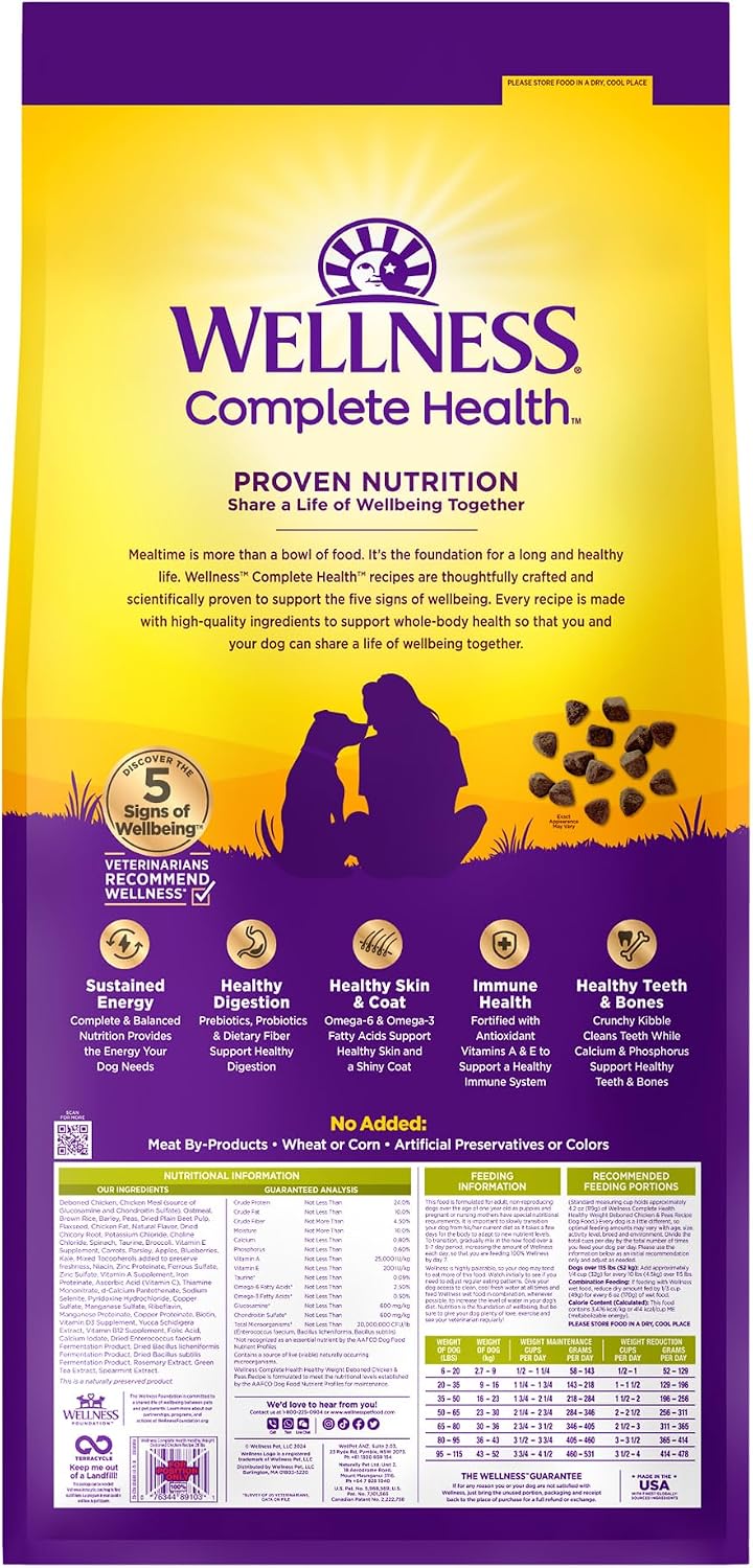 Wellness Complete Health Adult Dry Dog Food, Wholesome Grain Kibble, Natural, Chicken and Oatmeal Recipe, 5 lb Bag