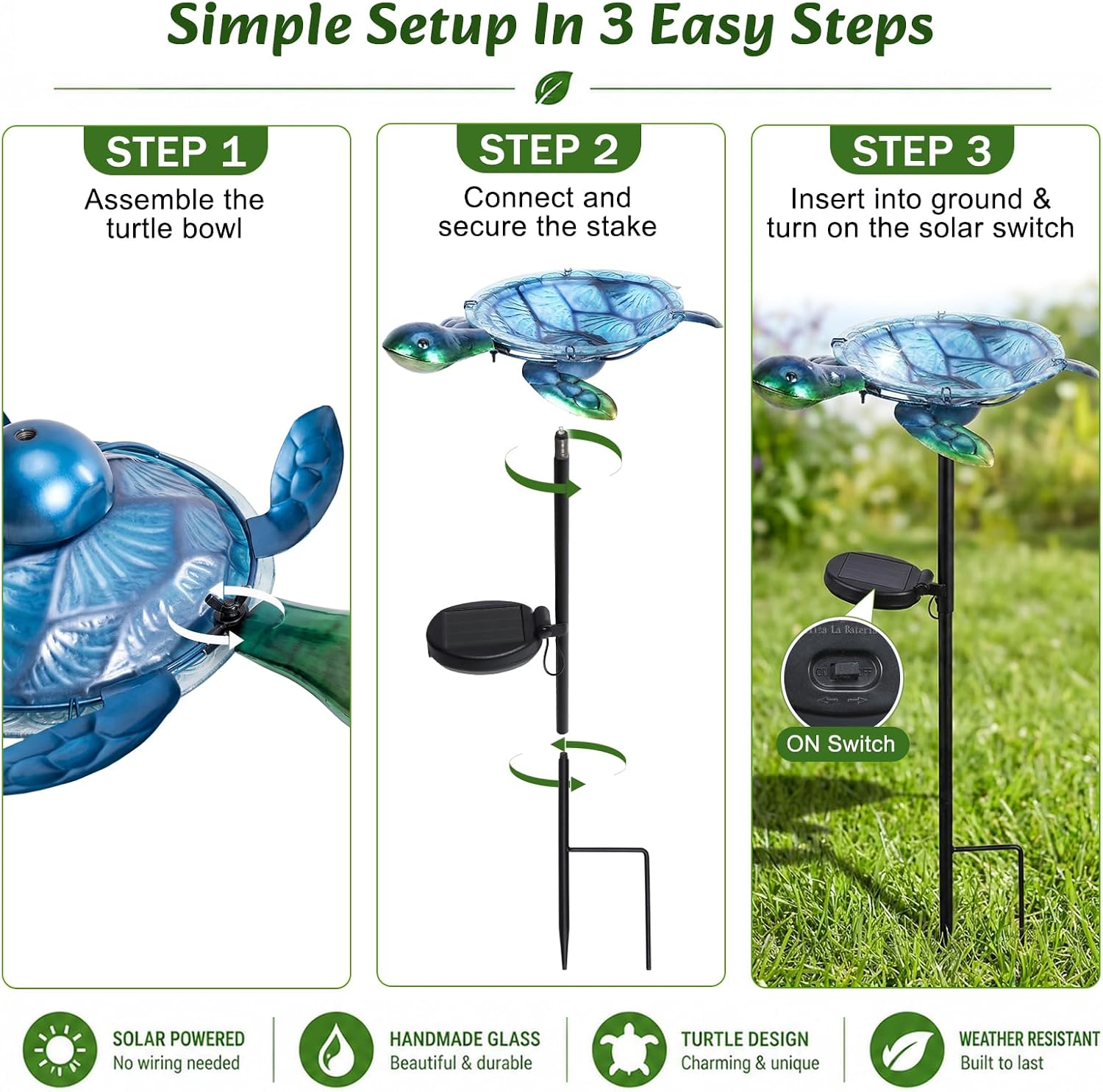 MUMTOP Outdoor Bird Bath Solar Birdbath Garden Feeder with Metal Stake,Blue
